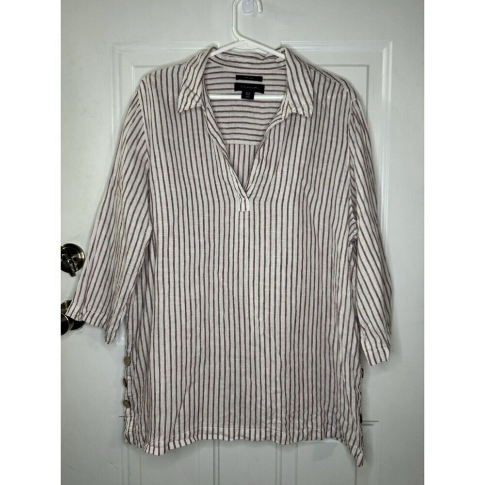 TAHARI Tunic Top Red Stripe Linen Lagenlook Popover Vneck Travel Vacation 1X - Picture 1 of 8